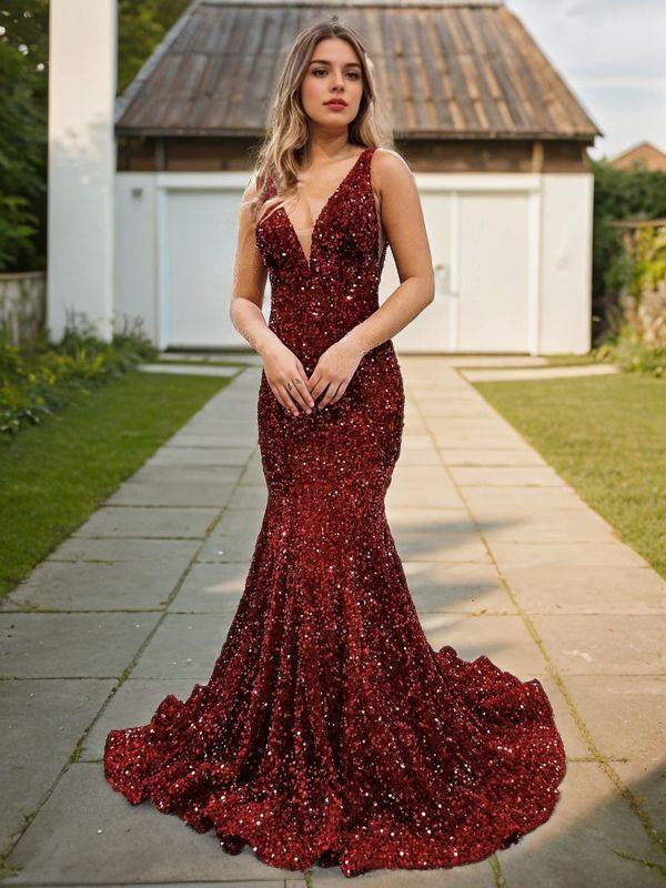 Trumpet/Mermaid Velvet Sequins Sequin V-neck Sleeveless Sweep/Brush Train Dresses