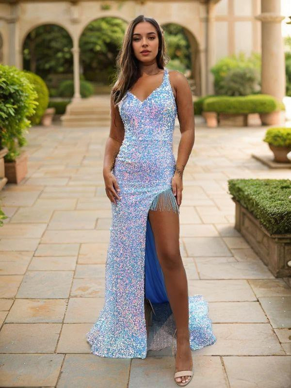 Sheath/Column Velvet Sequins Sequin V-neck Sleeveless Sweep/Brush Train Prom Dresses Formal Dresses