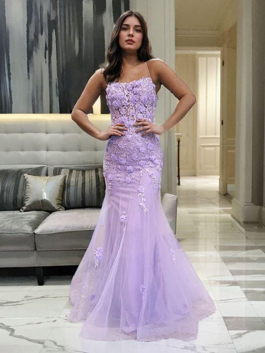 Sheath/Column Tulle Applique Spaghetti Straps Sleeveless Sweep/Brush Train Corset Dresses