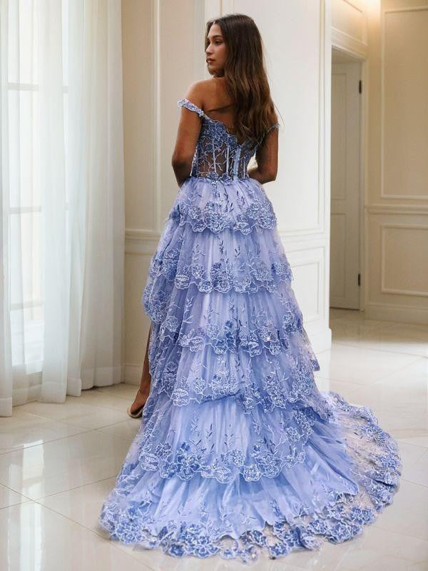 A-Line/Princess Tulle Applique Off-the-Shoulder Sleeveless Sweep/Brush Train Corset Dresses