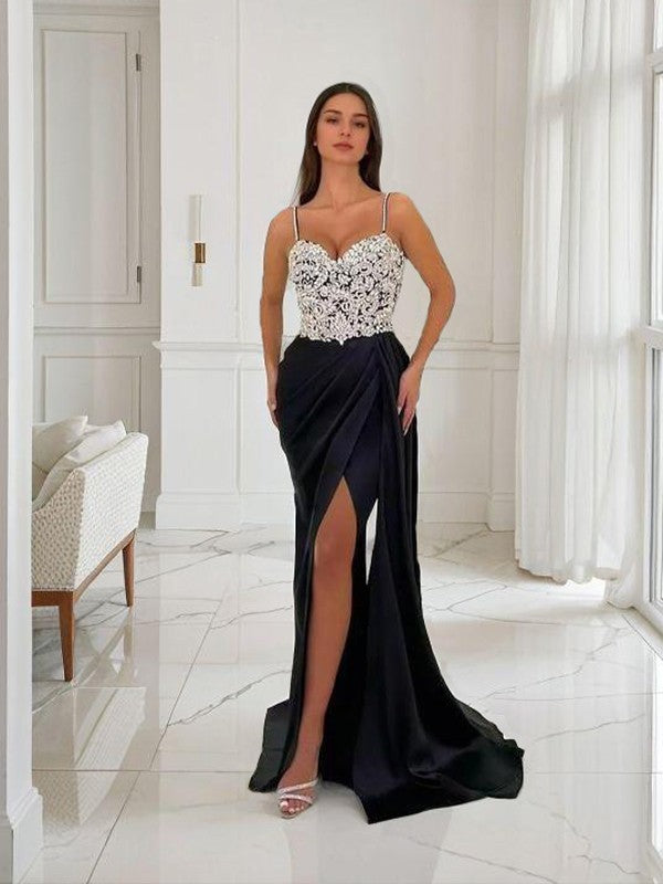 Sheath/Column Elastic Woven Satin Applique Spaghetti Straps Sleeveless Sweep/Brush Train Dresses