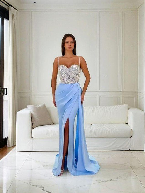 Sheath/Column Elastic Woven Satin Applique Spaghetti Straps Sleeveless Sweep/Brush Train Dresses