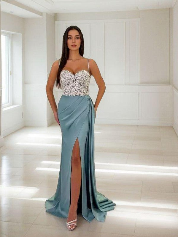 Sheath/Column Elastic Woven Satin Applique Spaghetti Straps Sleeveless Sweep/Brush Train Dresses