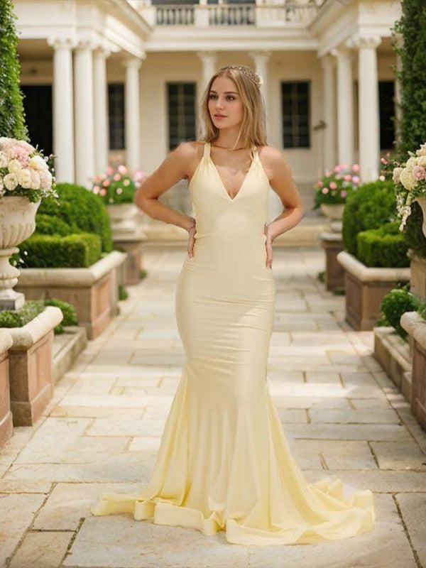 Sheath/Column Jersey V-neck Sleeveless Sweep/Brush Train Prom Dresses Formal Dresses