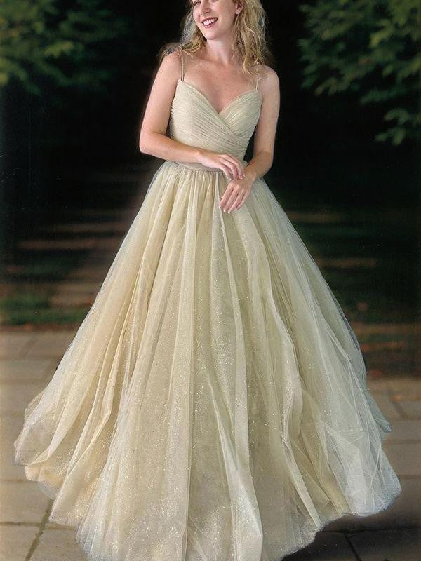 A-Line/Princess Tulle Ruched V-neck Sleeveless Floor-Length Dresses