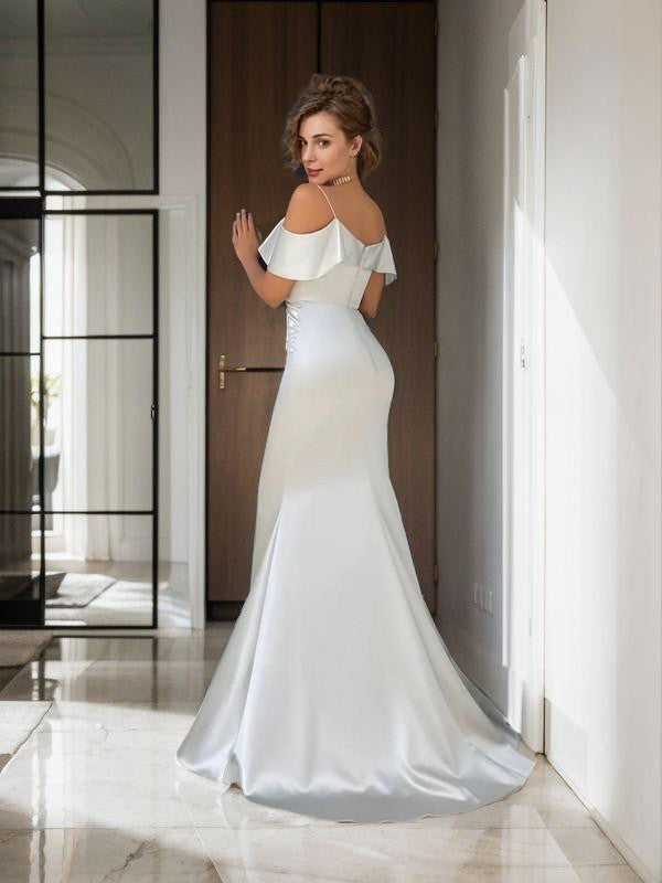 A Line Sheath/Column Elastic Woven Satin Spaghetti Straps Sleeveless Sweep/Brush Train Dresses