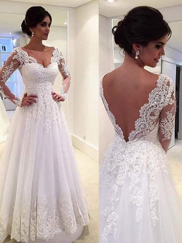 Ball Gown V-neck Long Sleeves Lace Court Train Tulle Wedding Dresses