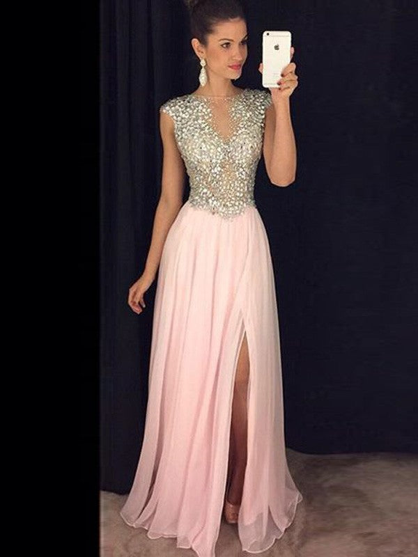 A-Line/Princess Sleeveless Bateau 30D Chiffon Sequin Floor-Length Dresses