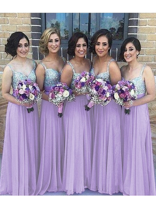 A-Line/Princess Sleeveless Sweetheart Floor-Length Sequin Chiffon Bridesmaid Dresses