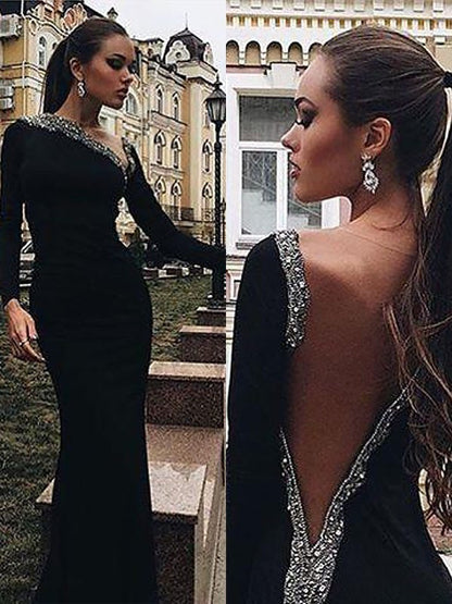 Trumpet/Mermaid Long Sleeves One-Shoulder Spandex Beading Floor-Length Dresses