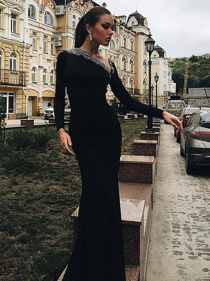 Trumpet/Mermaid Long Sleeves One-Shoulder Spandex Beading Floor-Length Dresses