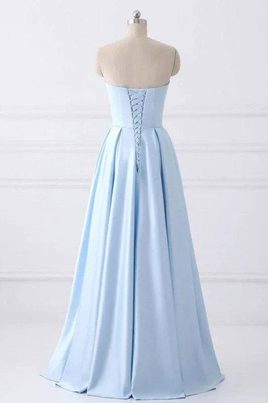 Strapless Satin Floor-length Beaded Lace Up Back Prom Dress Off Shoulder Evening Dress