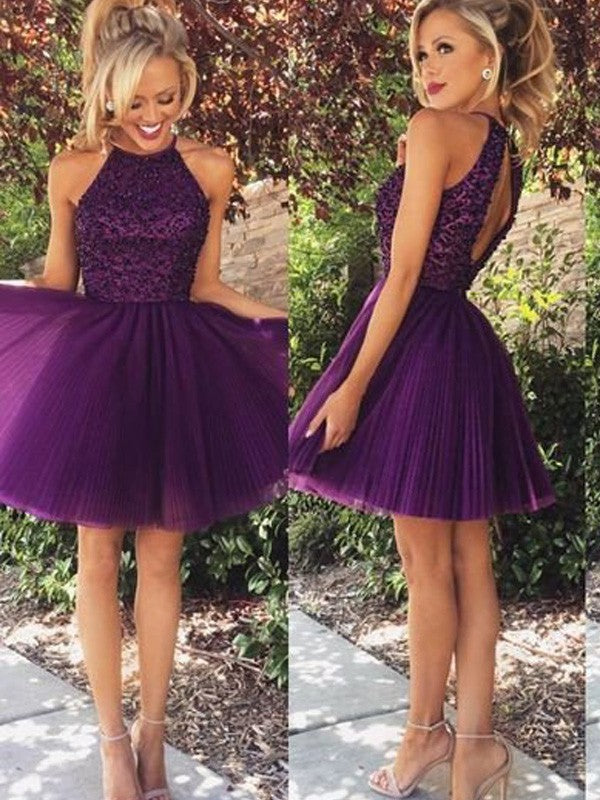 A-Line/Princess Halter Sleeveless Beading Short/Mini Tulle Dresses Cocktail Dresses