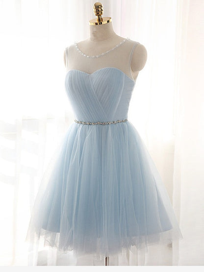 A-Line/Princess Scoop Beading Sleeveless Short/Mini Tulle Dresses Cocktail Dresses