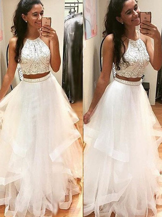 A-Line/Princess Sleeveless Halter Floor-Length Beading Tulle Dresses