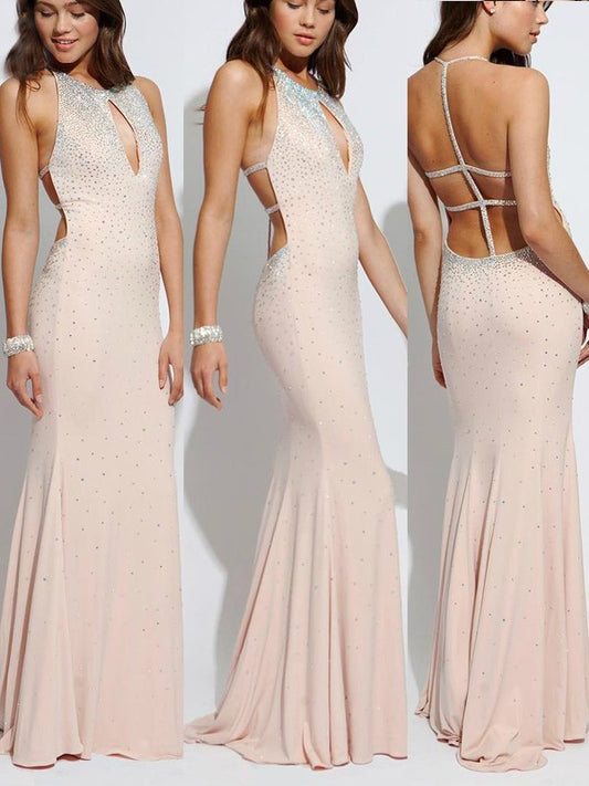 Sheath/Column Sleeveless Halter Sweep/Brush Train Beading Jersey Dresses