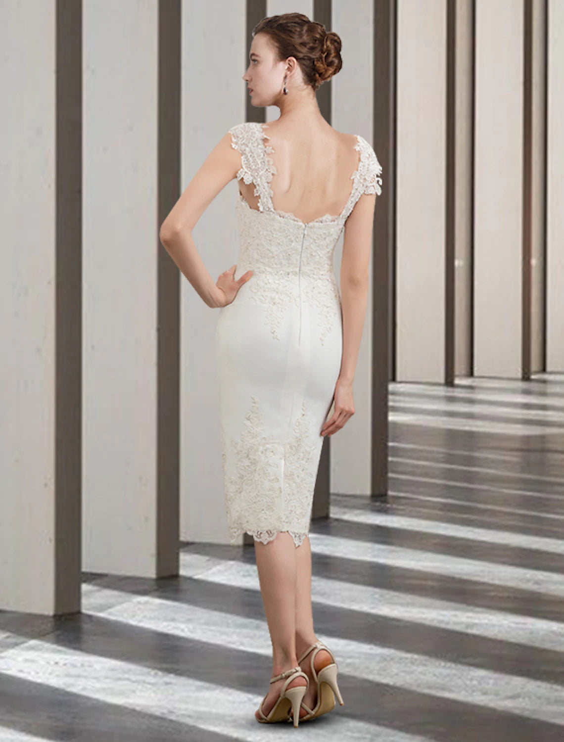 Two Piece Sheath / Column Mother of the Bride Dress Wedding Guest Church Elegant Jewel Neck Knee Length Chiffon Lace Sleeveless with Beading Appliques