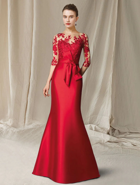 Mermaid / Trumpet Mother of the Bride Dress Elegant Plus Size Jewel Neck Floor Length Satin Lace Half Sleeve with Bow(s) Appliques