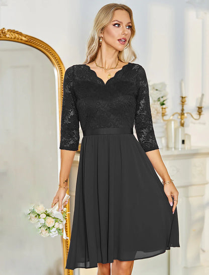 A-Line Cocktail Dresses Minimalist Dress Party Wear Knee Length Half Sleeve V Neck Chiffon with Pleats