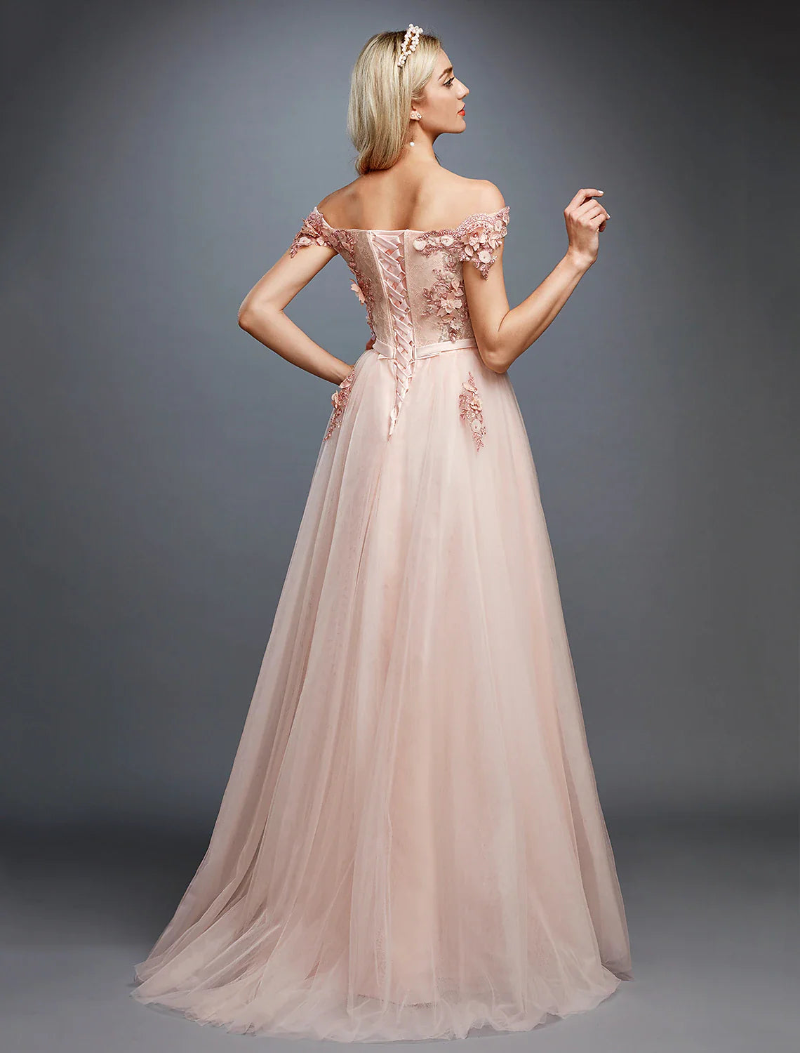 A-Line Floral Dress Wedding Guest Sweep / Brush Train Sleeveless Off Shoulder Tulle Over Lace with Appliques Beautiful