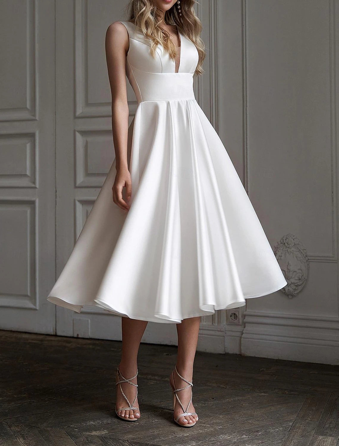 A-Line V Neck Satin V Back Little White Dress Cocktail Dresses Graduation Dress Elegant Wedding Guest Dress Tea Length Sleeveless