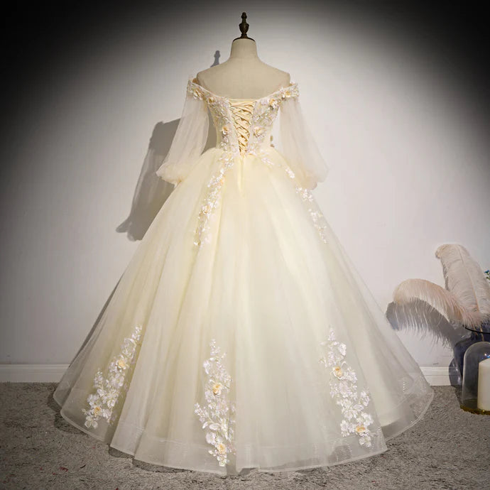 Ball Gown Quinceanera Dresses Princess Dress Charming Beautiful Ivory Tulle Long Sleeves Floral Sweet 16 With Appliques