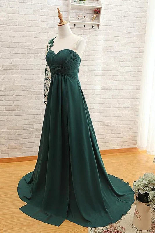 A Line One Shoulder Long Sleeve Prom Dress Dark Green Floor Length Evening Dress