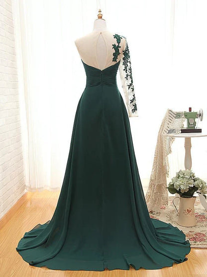 A Line One Shoulder Long Sleeve Prom Dress Dark Green Floor Length Evening Dress