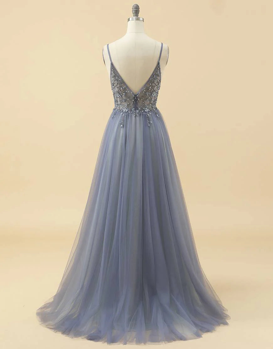 A-line Spaghetti Straps Tulle Prom Dress with Beading