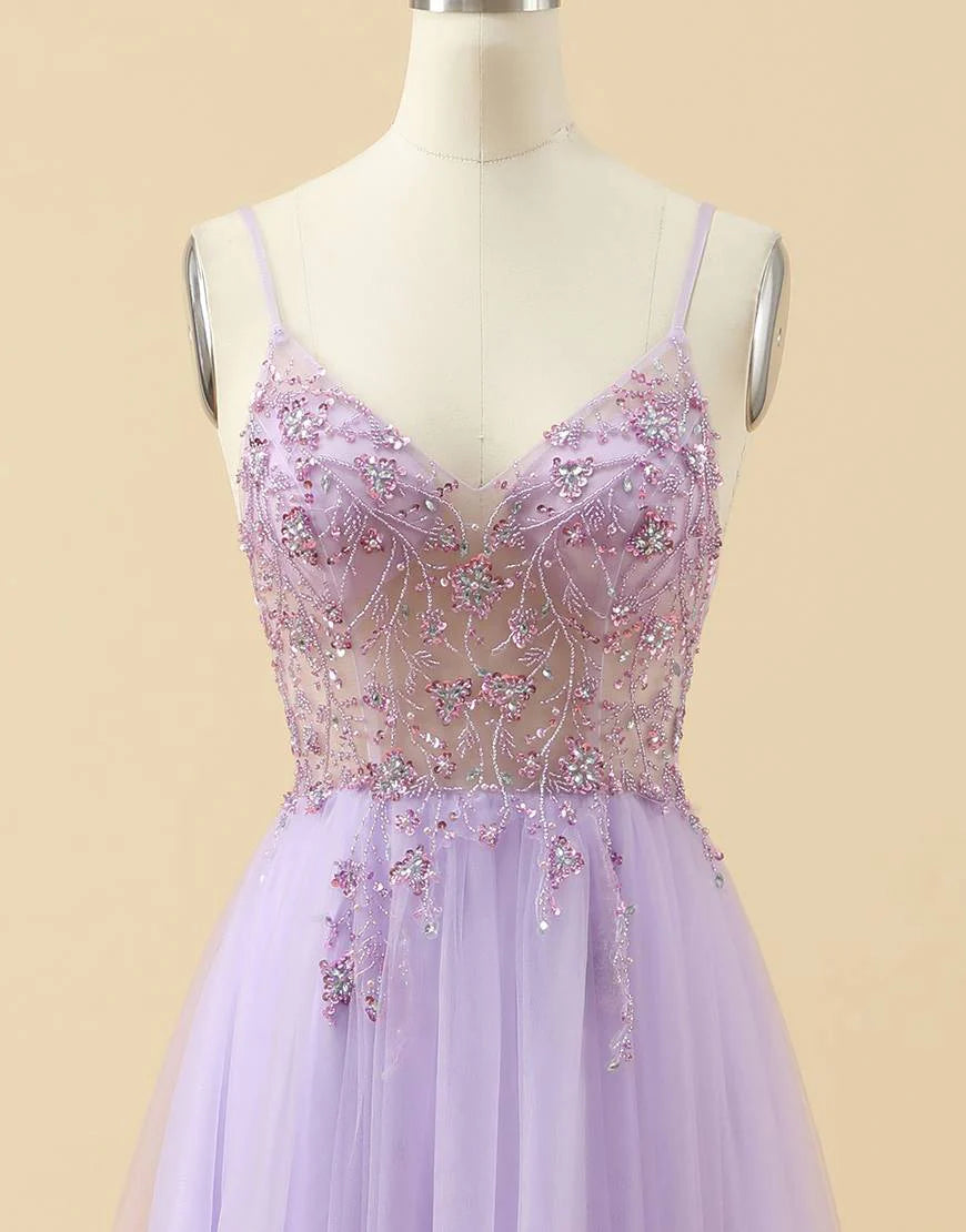 A-line Spaghetti Straps Tulle Prom Dress with Beading