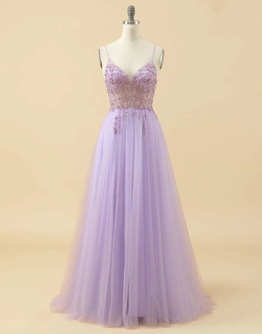A-line Spaghetti Straps Tulle Prom Dress with Beading
