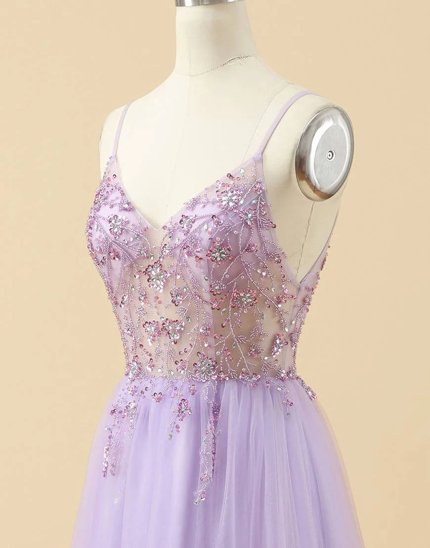 A-line Spaghetti Straps Tulle Prom Dress with Beading