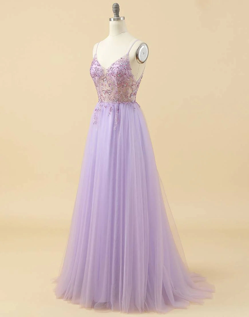 A-line Spaghetti Straps Tulle Prom Dress with Beading