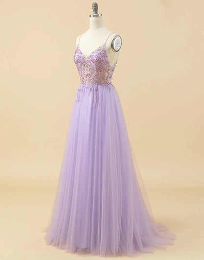 A-line Spaghetti Straps Tulle Prom Dress with Beading