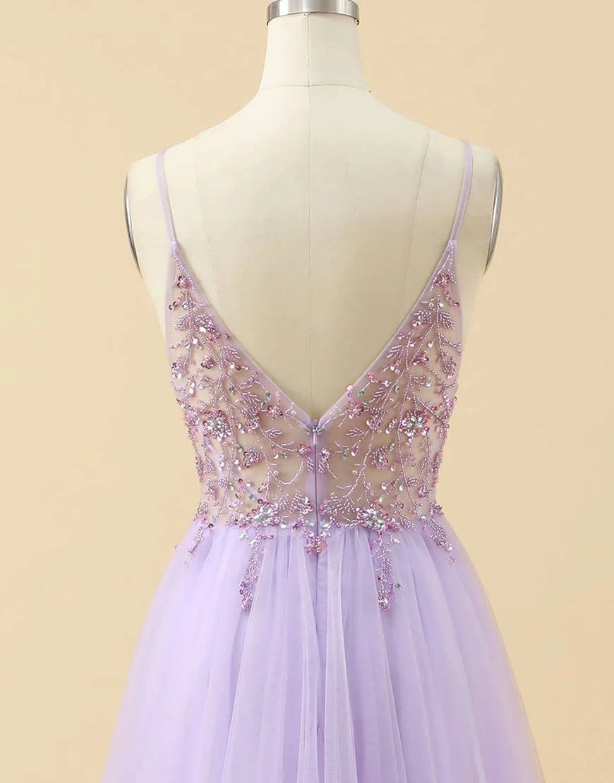 A-line Spaghetti Straps Tulle Prom Dress with Beading