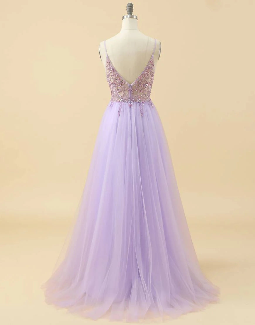 A-line Spaghetti Straps Tulle Prom Dress with Beading