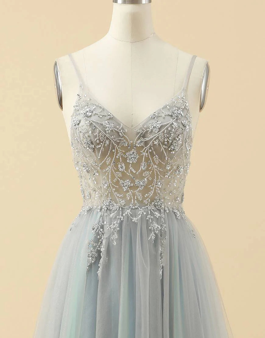 A-line Spaghetti Straps Tulle Prom Dress with Beading