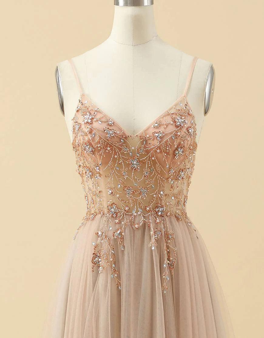 A-line Spaghetti Straps Tulle Prom Dress with Beading
