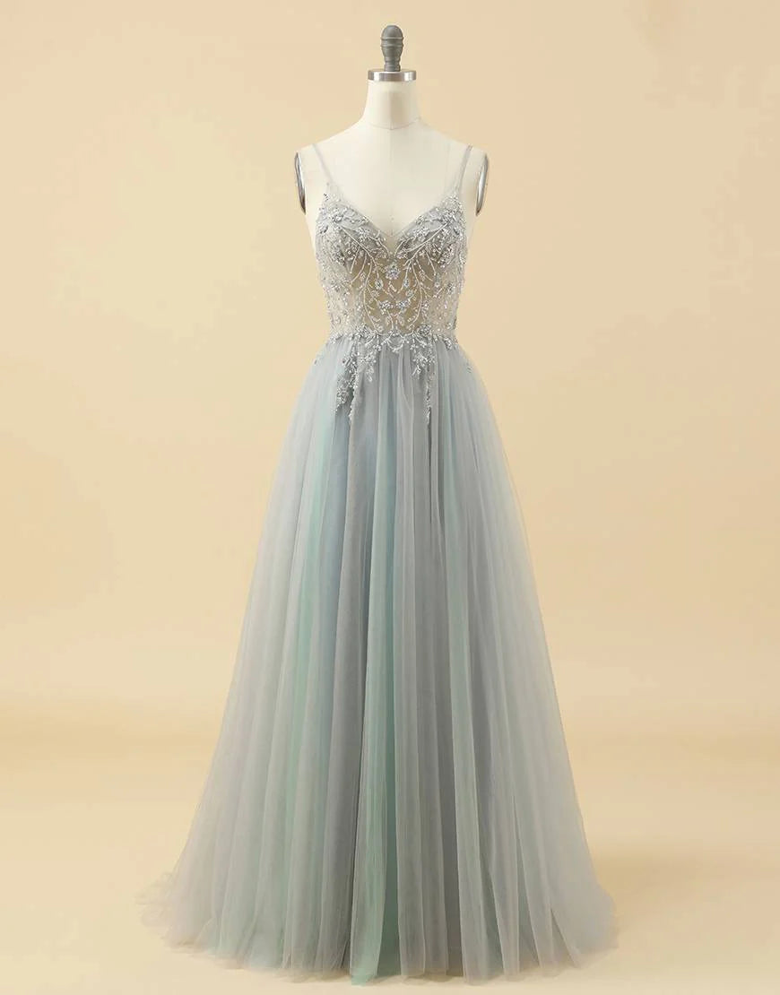 A-line Spaghetti Straps Tulle Prom Dress with Beading