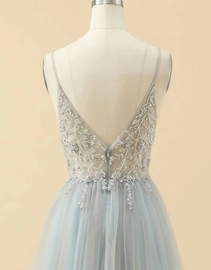 A-line Spaghetti Straps Tulle Prom Dress with Beading