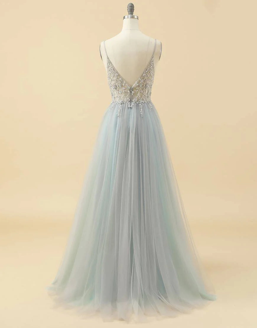 A-line Spaghetti Straps Tulle Prom Dress with Beading