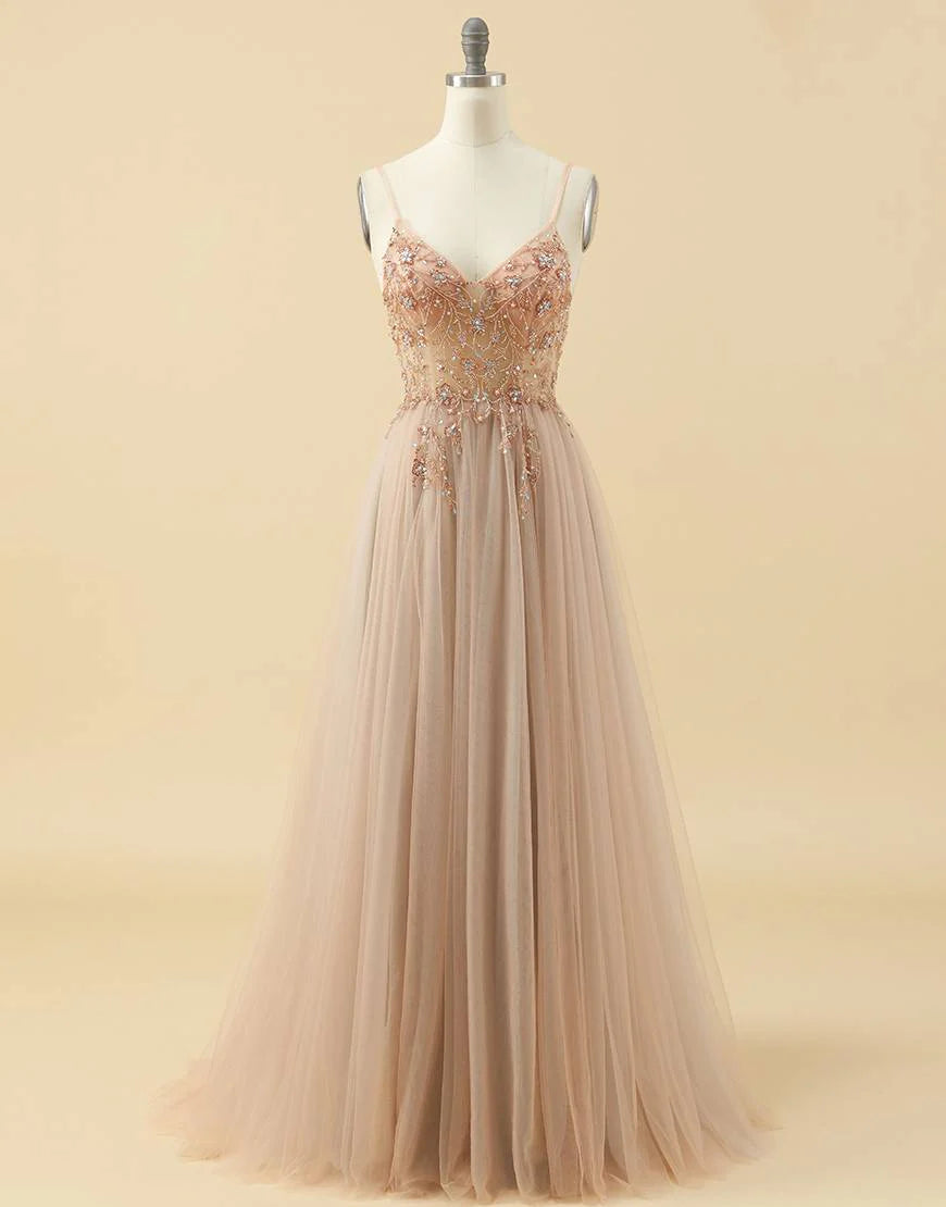 A-line Spaghetti Straps Tulle Prom Dress with Beading