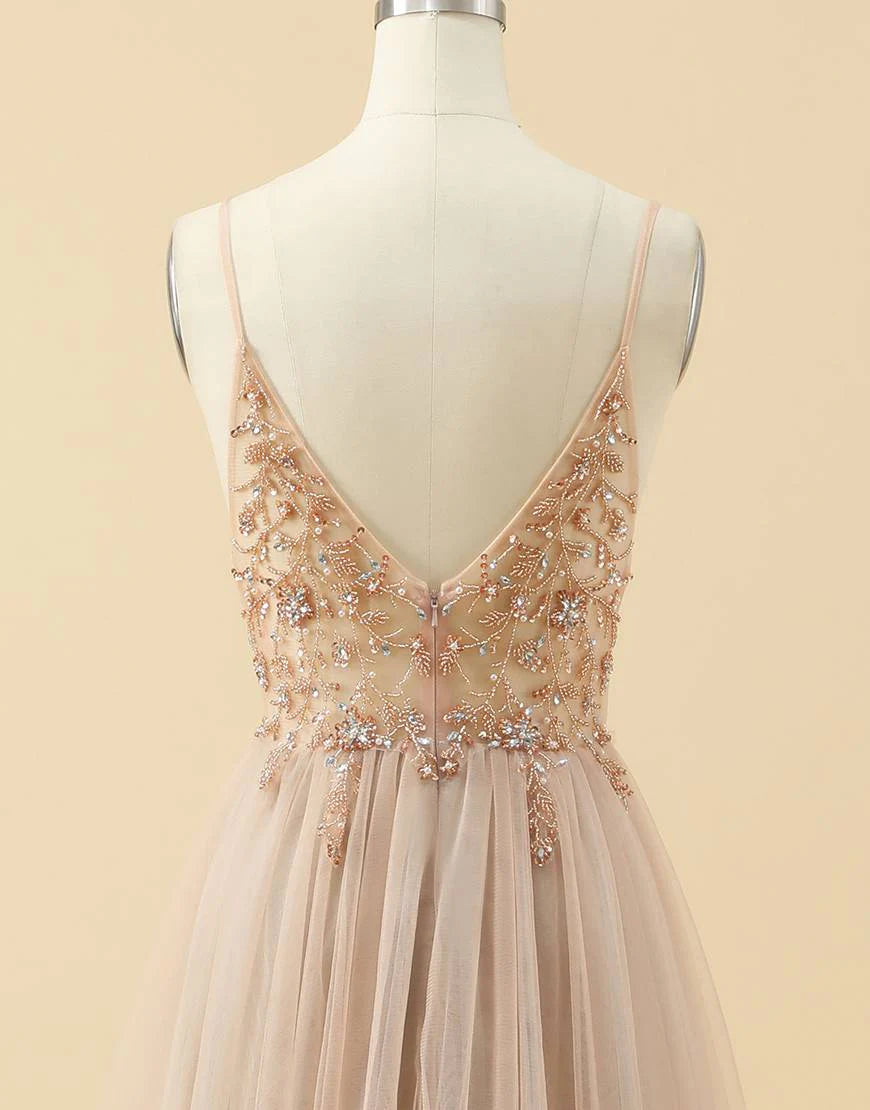 A-line Spaghetti Straps Tulle Prom Dress with Beading