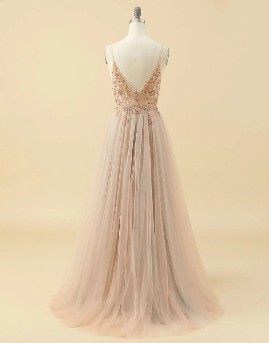 A-line Spaghetti Straps Tulle Prom Dress with Beading