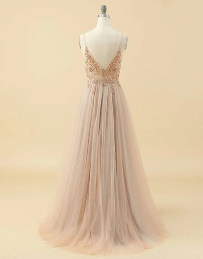 A-line Spaghetti Straps Tulle Prom Dress with Beading