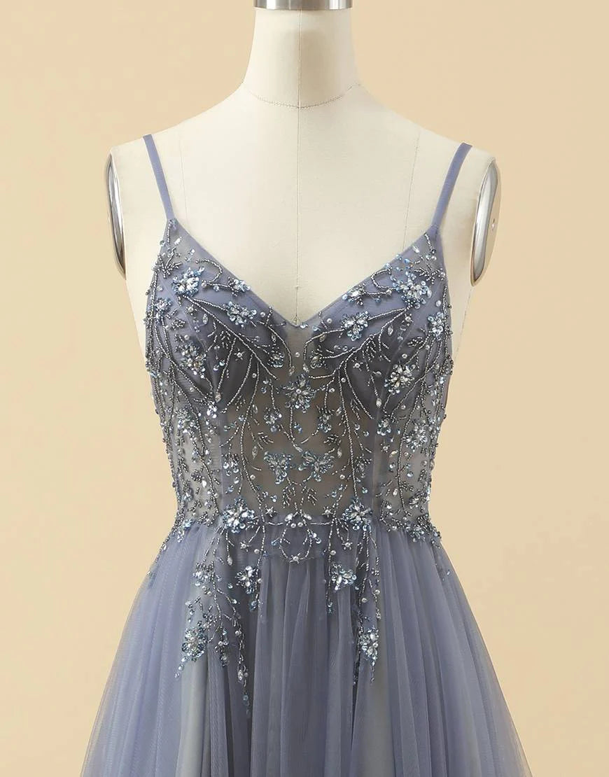 A-line Spaghetti Straps Tulle Prom Dress with Beading