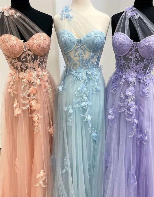 A Line One Shoulder Sweetheart Tulle Prom Dresses with Appliques