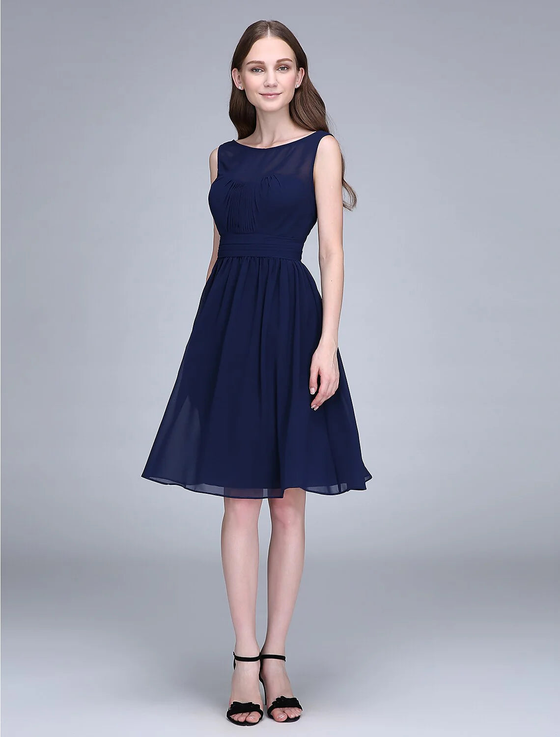 A-Line Bridesmaid Dress Jewel Neck Sleeveless Knee Length Chiffon with Ruched