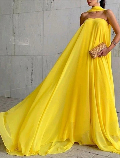 A-Line Wedding Guest Dress Floor Length Sleeveless Strapless Stretch Chiffon with Pleats Shawl