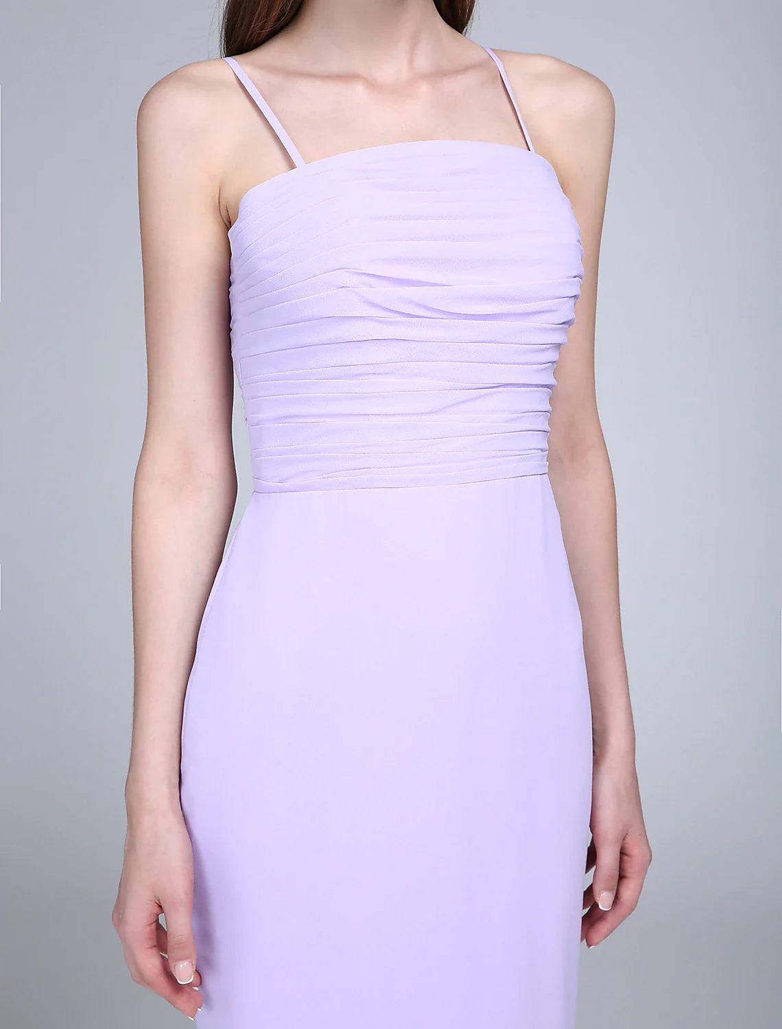 Fit & Flare Bridesmaid Dress Spaghetti Strap Sleeveless Elegant Floor Length Chiffon with Ruched Solid Color